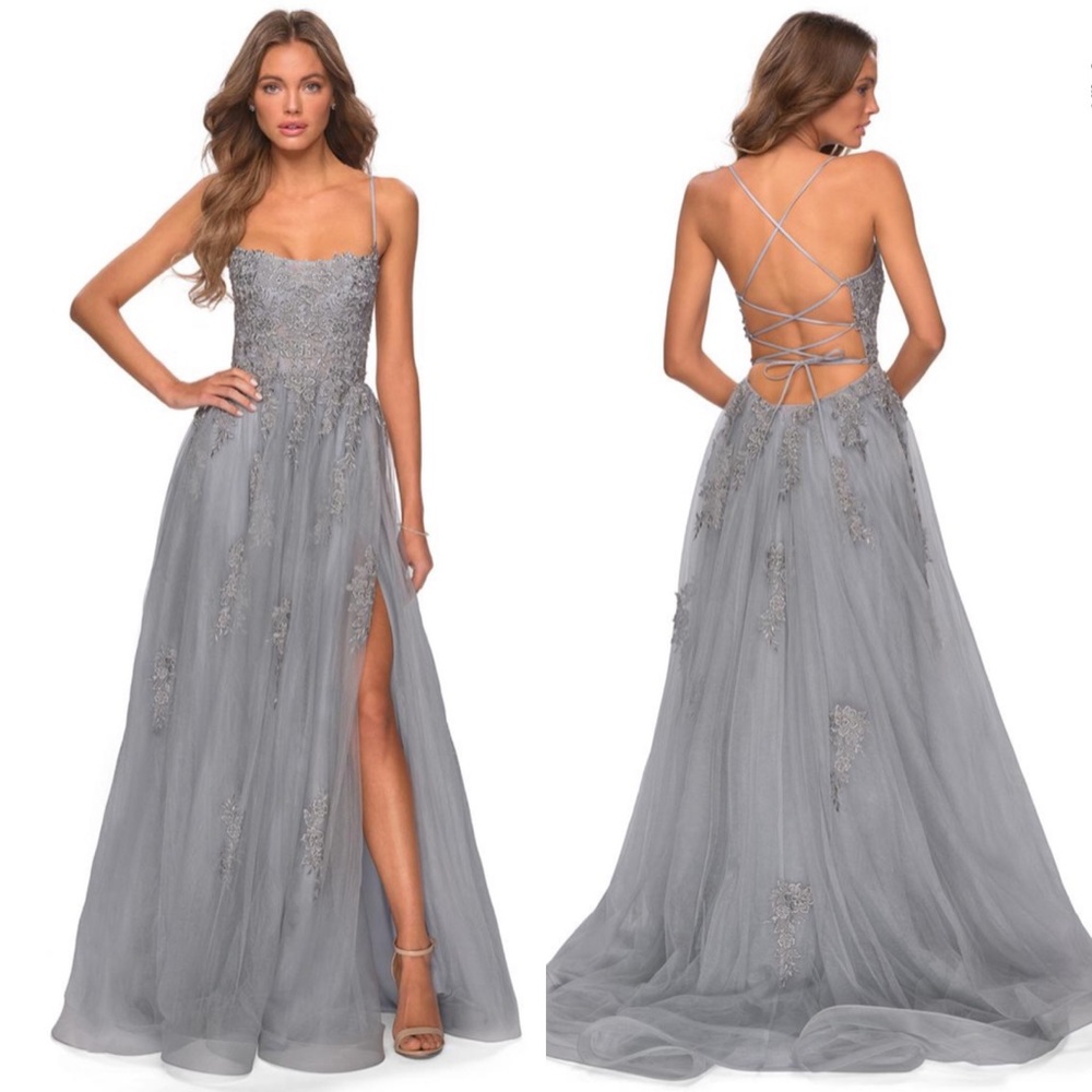La Femme Silver Gray Lace-Up Back Tulle Maxi Gown